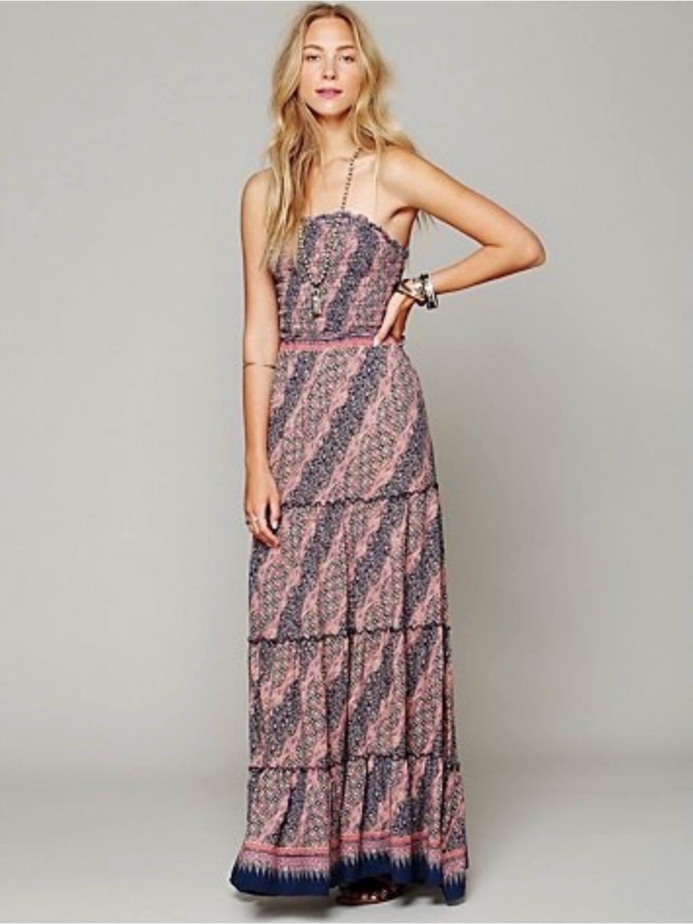 Free people Easy come Easy go Strapless Pink & Navy Printed Maxi Dress